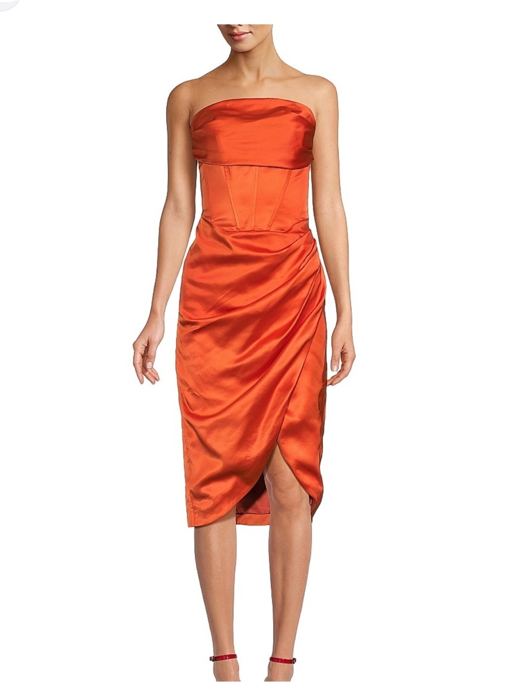 Bardot Strapless Satin Corset Midi Dress Orange